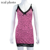 ALLNeon Y2K Aesthetics Lace Trim Leopard Printing Party Cami Dresses E-girl Spaghetti Strap V-neck Lace Hem A-line Mini Dress