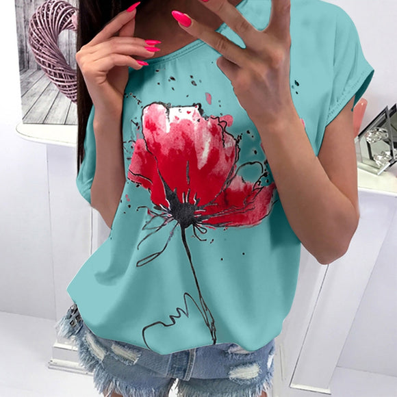 Summer Fashion Floral Print Blouse Casual Ladies O-Neck Loose Daily Tee Tops Female Women's Short Sleeve Shirt Blusas Pullover